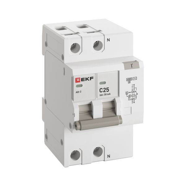 Автоматический выключатель дифференциального тока АД-2 2Р 25А характеристика C 30мА тип АС электронный 6кА PROXIMA EKF