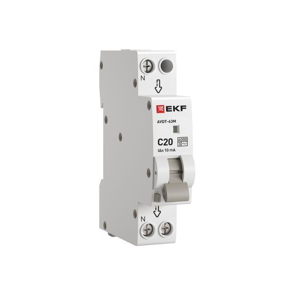 Автоматический выключатель дифференциального тока АВДТ-63М 1P+N 18мм 20А характеристика С 10мА тип AС электронный 6кА PROXIMA EKF