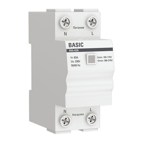 Реле напряжения (сквозное подключение) RVb-63A 1НО 260-275В 50Гц EKF Basic