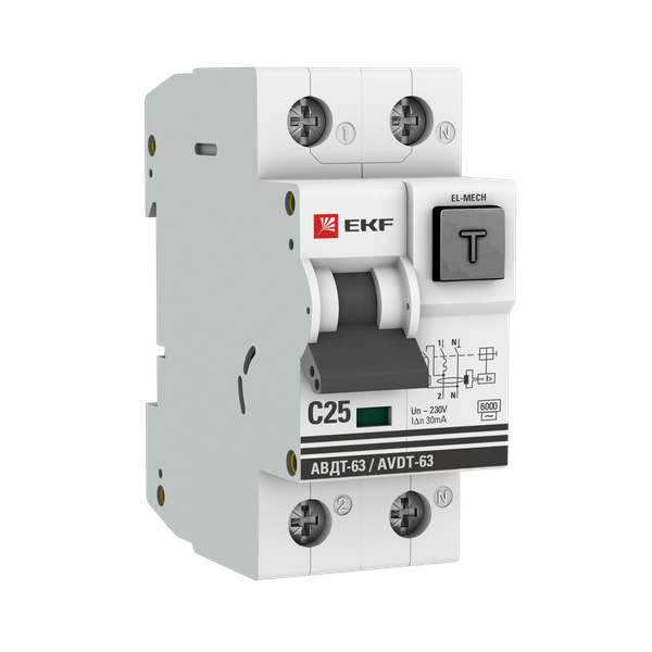 Автоматический выключатель дифференциального тока АВДТ-63 1P+N 25А характеристика C 30мА тип AС электромеханический 6кА EKF PROXIMA