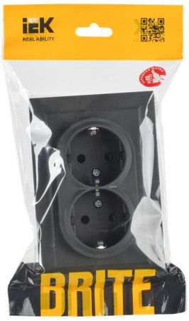 BRITE Розетка 2-местная с заземлением с защитными шторками 16А в сборе РСш12-3-БрГ графит IEK