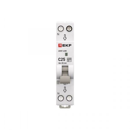 Автоматический выключатель дифференциального тока АВДТ-63М 1P+N 18мм 25А характеристика С 30мА тип AС электронный 6кА PROXIMA EKF
