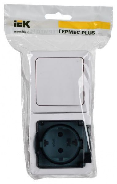 Блок горизонтальный для открытой установки БГб-22-31-ГПБд (Выключатель 1-клавишный + розетка 1-местная с заземляющим контактом) IP54 ГЕРМЕС PLUS (белый/дымчатый) IEK