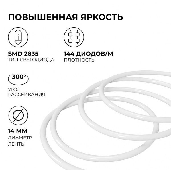 Комплект светодиодного НЕОНа Apeyron 220В, 6Вт/м, 300лм/м, 4000К, smd 2835, 144д/м, круглый, d=14, 10м, IP65 (сетевой шнур, заглушка, крепеж - 10шт) 1