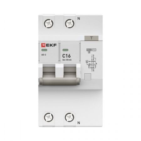 Автоматический выключатель дифференциального тока АД-2 2Р 16А характеристика C 30мА тип АС электронный 6кА PROXIMA EKF